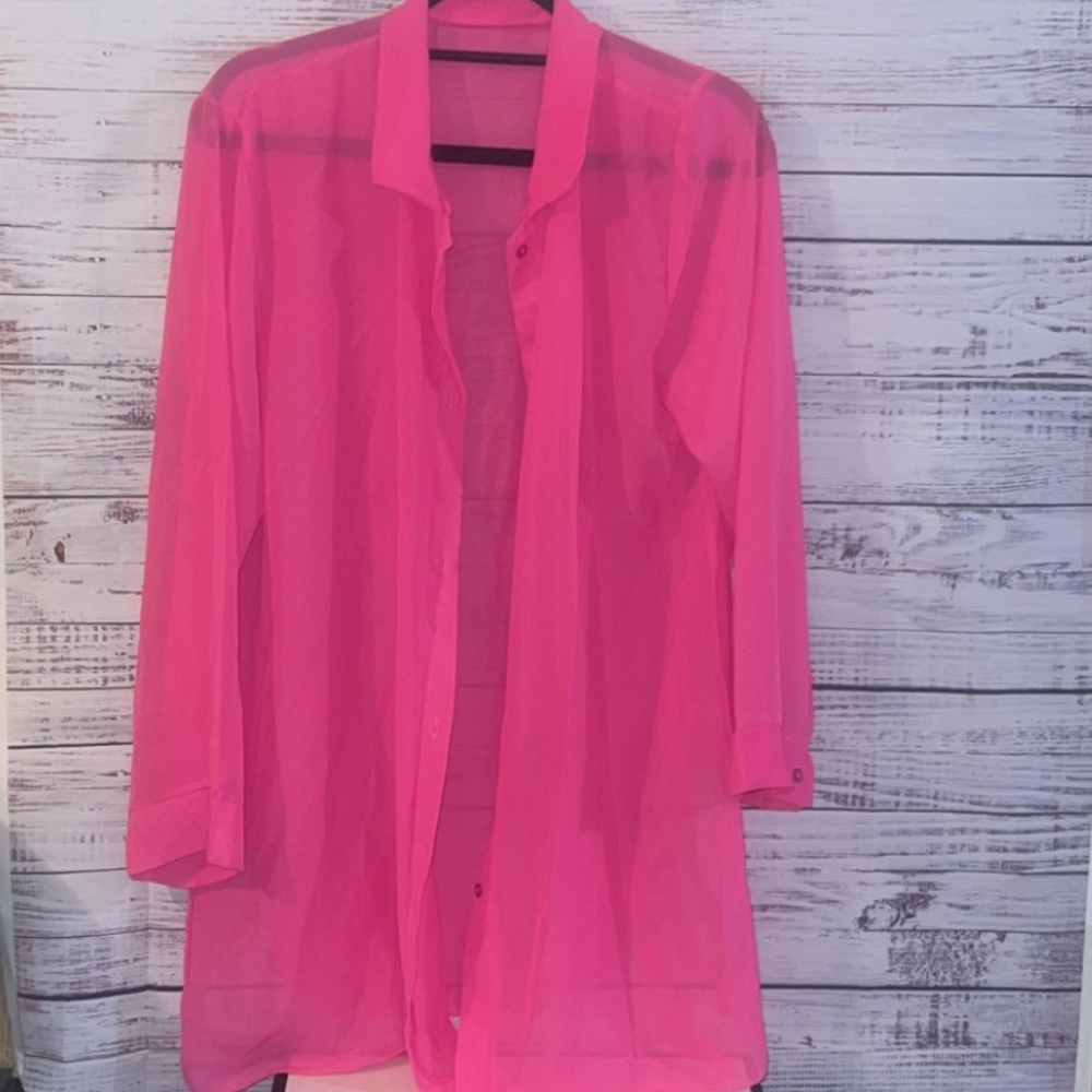 Hot Pink Sheer Button Front Shirt